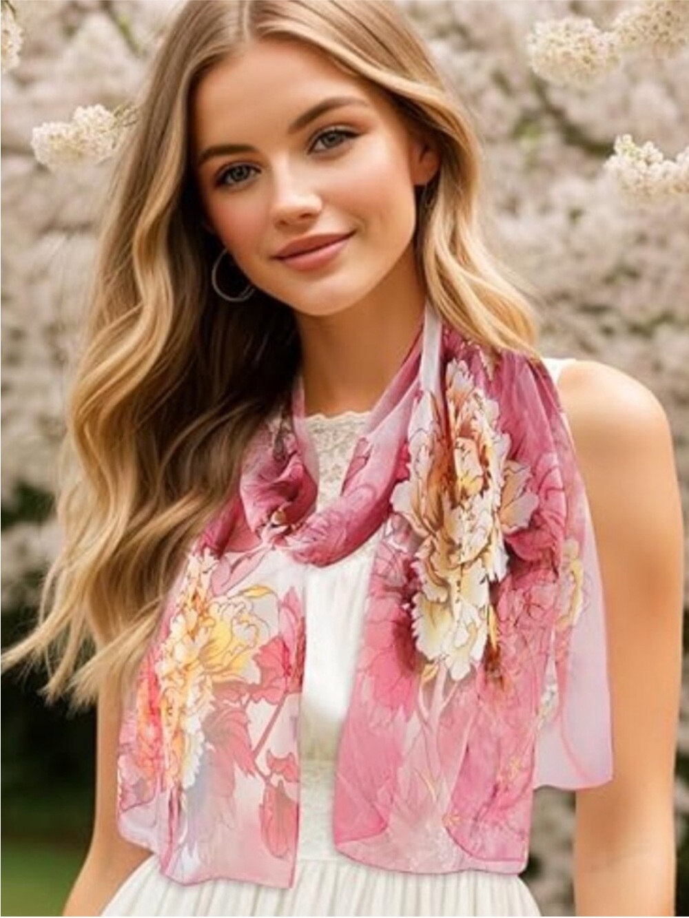Beautiful Pink Chiffon Summer Scarf Floral Pattern New